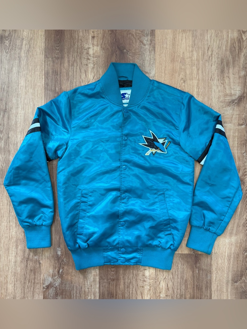 San Jose Sharks Starter Jacket Mens Small Green Lined Full Snap Hockey Flawed